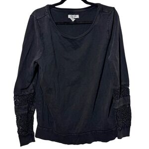 Lucky Lotus Lace Sleeve Sweatshirt Large Black Boho Crochet Cotton Pullover L